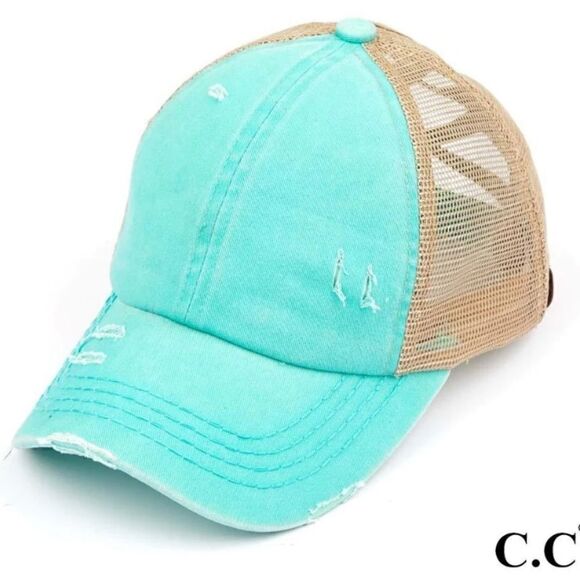 C.C. Teal Trucker Criss Cross Distressed Baseball Hat with Ponytail space - Picture 1 of 7